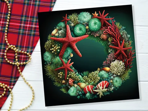 Coral Reef Christmas Card Funny Festive Wreath Pun Starfish Seaweed Sea Life Urchins Red Green Greetings Cards For Family Friends Xmas 2026 - View 8