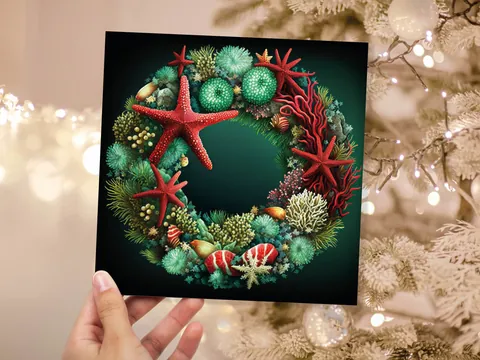 Coral Reef Christmas Card Funny Festive Wreath Pun Starfish Seaweed Sea Life Urchins Red Green Greetings Cards For Family Friends Xmas 2026 - View 10