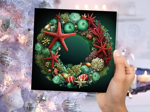 Coral Reef Christmas Card Funny Festive Wreath Pun Starfish Seaweed Sea Life Urchins Red Green Greetings Cards For Family Friends Xmas 2026 - View 9