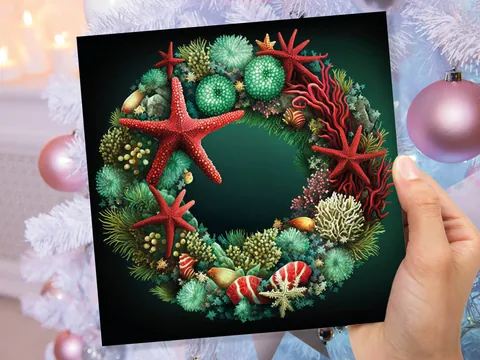 Coral Reef Christmas Card Funny Festive Wreath Pun Starfish Seaweed Sea Life Urchins Red Green Greetings Cards For Family Friends Xmas 2026 - View 5