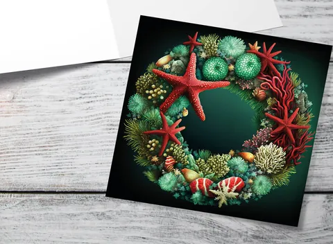 Coral Reef Christmas Card Funny Festive Wreath Pun Starfish Seaweed Sea Life Urchins Red Green Greetings Cards For Family Friends Xmas 2026 - View 2