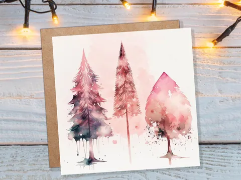 Watercolour Christmas Trees Card Beautiful Pink Messy Painting Splashes Modern Elegant Fir Tree Greetings Cards For Family Friends Xmas 2026 - View 9