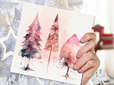 Watercolour Christmas Trees Card Beautiful Pink Messy Painting Splashes Modern Elegant Fir Tree Greetings Cards For Family Friends Xmas 2026 - View 4
