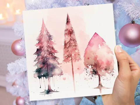 Watercolour Christmas Trees Card Beautiful Pink Messy Painting Splashes Modern Elegant Fir Tree Greetings Cards For Family Friends Xmas 2026 - View 3