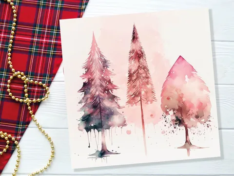 Watercolour Christmas Trees Card Beautiful Pink Messy Painting Splashes Modern Elegant Fir Tree Greetings Cards For Family Friends Xmas 2026 - View 5