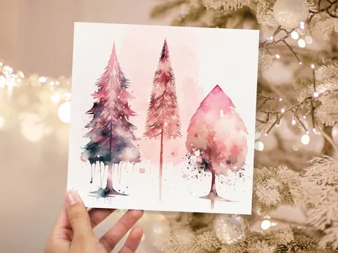 Watercolour Christmas Trees Card Beautiful Pink Messy Painting Splashes Modern Elegant Fir Tree Greetings Cards For Family Friends Xmas 2026 - View 8