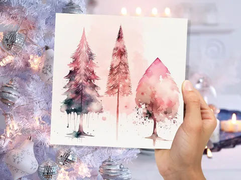 Watercolour Christmas Trees Card Beautiful Pink Messy Painting Splashes Modern Elegant Fir Tree Greetings Cards For Family Friends Xmas 2026 - View 7