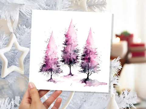 Purple Watercolour Christmas Trees Card - View 3