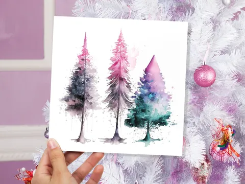 Teal and Purple Christmas Trees Card