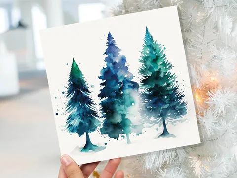 Blue & Green Watercolour Christmas Trees Card Modern Elegant Prussian Fir Tree Messy Painting Greetings Cards For Family Friends Xmas 2026 - View 2