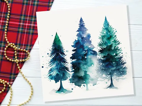 Blue & Green Watercolour Christmas Trees Card Modern Elegant Prussian Fir Tree Messy Painting Greetings Cards For Family Friends Xmas 2026