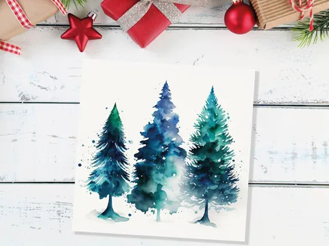 Blue & Green Watercolour Christmas Trees Card Modern Elegant Prussian Fir Tree Messy Painting Greetings Cards For Family Friends Xmas 2026 - View 9