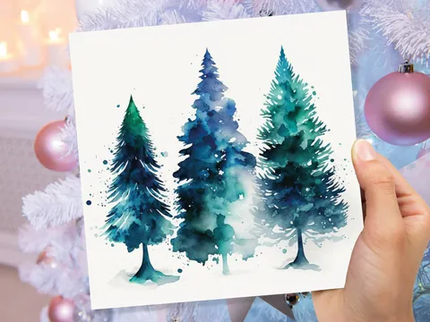 Blue & Green Watercolour Christmas Trees Card Modern Elegant Prussian Fir Tree Messy Painting Greetings Cards For Family Friends Xmas 2026 - View 8