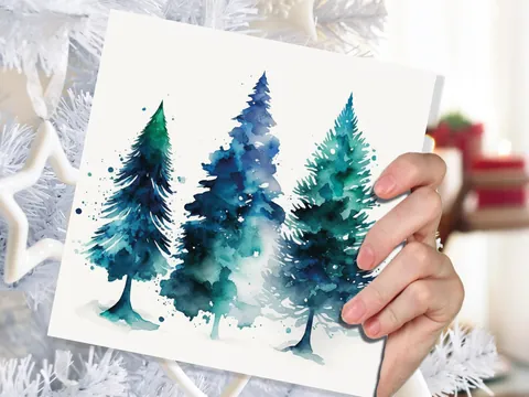 Blue & Green Watercolour Christmas Trees Card Modern Elegant Prussian Fir Tree Messy Painting Greetings Cards For Family Friends Xmas 2026 - View 7