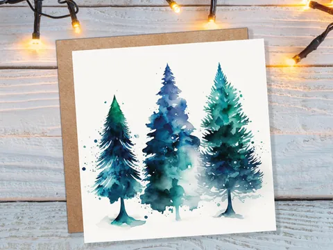 Blue & Green Watercolour Christmas Trees Card Modern Elegant Prussian Fir Tree Messy Painting Greetings Cards For Family Friends Xmas 2026 - View 3