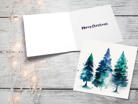 Blue & Green Watercolour Christmas Trees Card Modern Elegant Prussian Fir Tree Messy Painting Greetings Cards For Family Friends Xmas 2026 - View 10