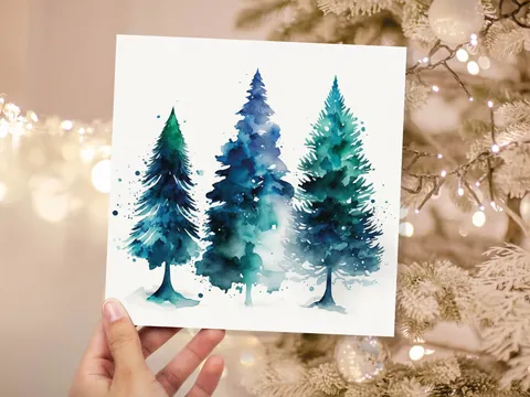 Blue & Green Watercolour Christmas Trees Card Modern Elegant Prussian Fir Tree Messy Painting Greetings Cards For Family Friends Xmas 2026 - View 4