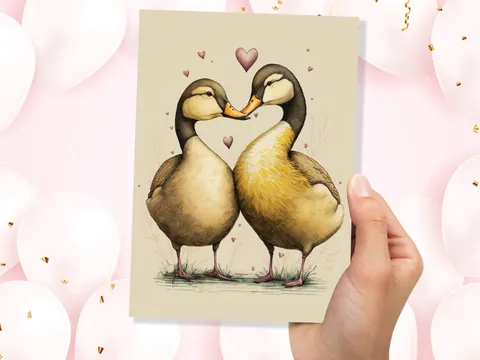 Cute Ducks in Love Greeting Card for Anniversaries Wedding Valentines Day Romantic Vintage Yellow Illustration Couples Spouse Galentines BFF - View 6