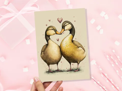 Cute Ducks in Love Greeting Card for Anniversaries Wedding Valentines Day Romantic Vintage Yellow Illustration Couples Spouse Galentines BFF - View 4