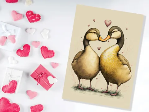Cute Ducks in Love Greeting Card for Anniversaries Wedding Valentines Day Romantic Vintage Yellow Illustration Couples Spouse Galentines BFF - View 9