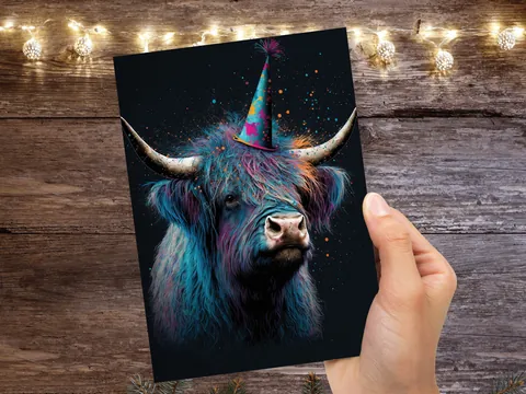 Highland Cow Birthday Card – Blue Party Hat