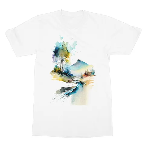 Watercolour Graphic Tee Abstract Volcano Shirt Mystical Landscape River Scene Wilderness Mountain Painting T-Shirt Gift for her Women Tshirt - View 2