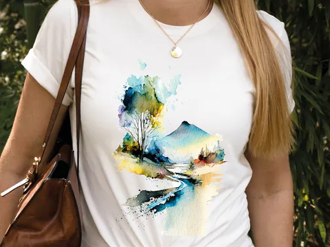 Watercolour Graphic Tee Abstract Volcano Shirt Mystical Landscape River Scene Wilderness Mountain Painting T-Shirt Gift for her Women Tshirt - View 8