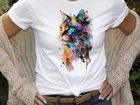 Watercolour Abstract Cat T-Shirt Whimsical Loose Painting Crazy Cat Lady Cats Lovers Gift Rainbow Colourful Art Artists Tee Softstyle Shirt - View 5
