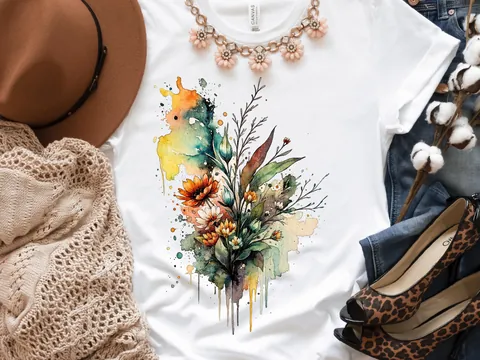 Watercolour Wildflowers T-Shirt Beautiful Loose Abstract Painting Messy Floral Design Flowers Leaves Leaf Feminine Tee Shirt for Her Women - View 3
