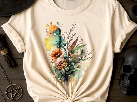 Watercolour Wildflowers T-Shirt Beautiful Loose Abstract Painting Messy Floral Design Flowers Leaves Leaf Feminine Tee Shirt for Her Women - View 2