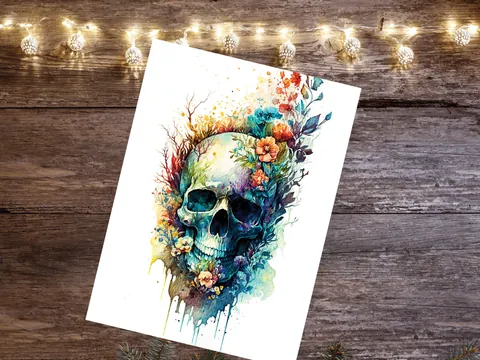Skull with Flowers Card Gothic Birthday Cards Day of the Dead Goth Alternative Wedding Floral Watercolour Greetings Notelets Boho Chic BFF - View 8