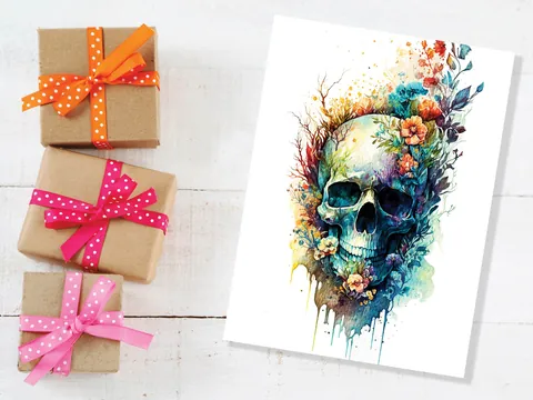 Skull with Flowers Card Gothic Birthday Cards Day of the Dead Goth Alternative Wedding Floral Watercolour Greetings Notelets Boho Chic BFF - View 5