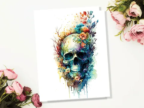 Skull with Flowers Card Gothic Birthday Cards Day of the Dead Goth Alternative Wedding Floral Watercolour Greetings Notelets Boho Chic BFF - View 3