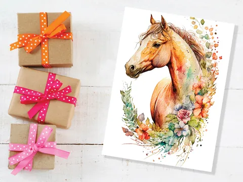 Chestnut Horse With Flowers Card