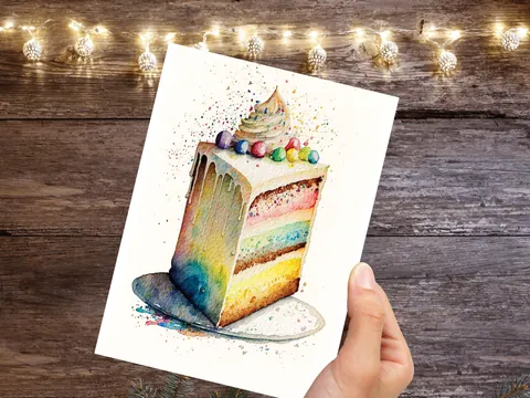Rainbow Birthday Cake Card Watercolour Painting Happy Slice of Sponge Cake Icing Greeting Card for Her Wife Mum Sister BFF Friends Family