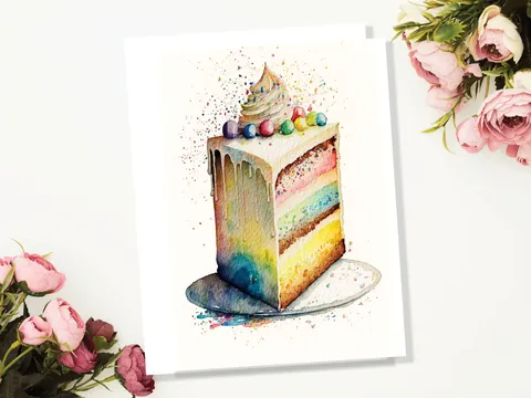 Rainbow Birthday Cake Card Watercolour Painting Happy Slice of Sponge Cake Icing Greeting Card for Her Wife Mum Sister BFF Friends Family - View 3