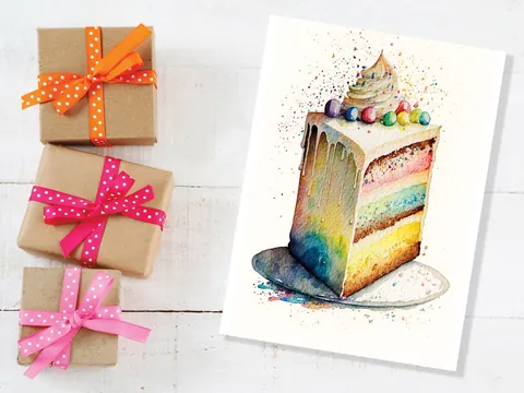 Rainbow Birthday Cake Card Watercolour Painting Happy Slice of Sponge Cake Icing Greeting Card for Her Wife Mum Sister BFF Friends Family - View 4