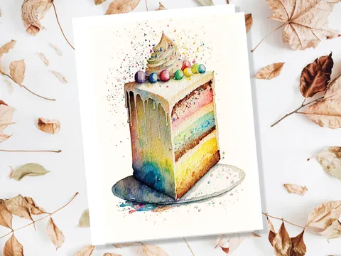 Rainbow Birthday Cake Card Watercolour Painting Happy Slice of Sponge Cake Icing Greeting Card for Her Wife Mum Sister BFF Friends Family - View 5