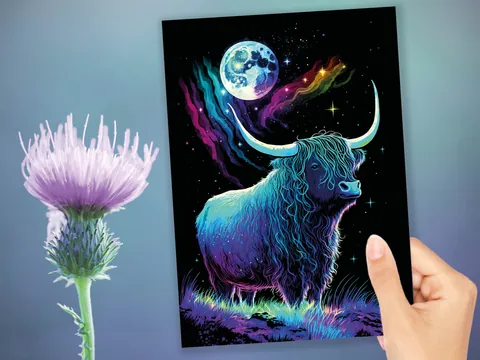 Highland Cow Birthday Card – Galaxy Sky