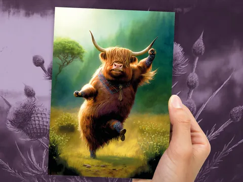Highland Cow Punching the Air Victory Dance Card for New Job Congrats Graduation Well Done Congratulations Celebrate Scottish Jog Heilan Coo - View 9