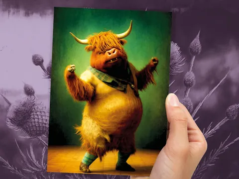Highland Cow Celebrating Achievement Card Well Done Congrats Flexing Muscles Dancing Bodybuilding Pose Strength Encouragement You Got This - View 8