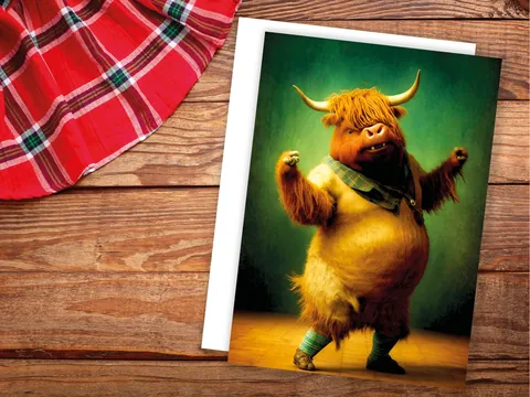Highland Cow Celebrating Achievement Card Well Done Congrats Flexing Muscles Dancing Bodybuilding Pose Strength Encouragement You Got This - View 3