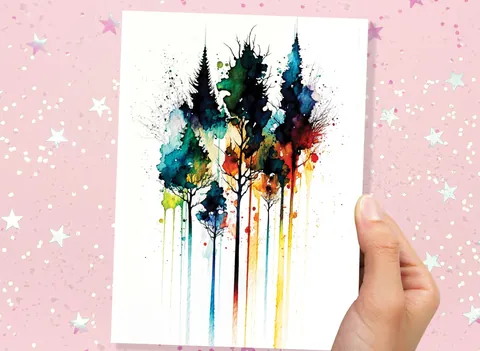 Colourful Watercolour Pine Trees Card - View 5