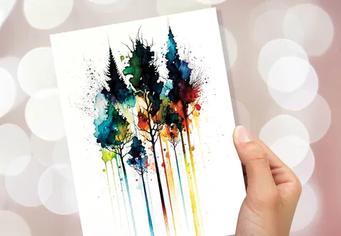 Colourful Watercolour Pine Trees Card - View 8