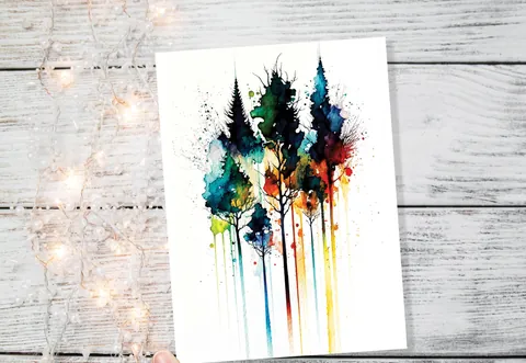 Colourful Watercolour Pine Trees Card