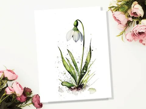 Watercolour Snowdrop Card Imbolc New Beginning Sympathy Greeting Cards Spring Botanical Nature January Birth Flower Gardener Floral Birthday - View 5