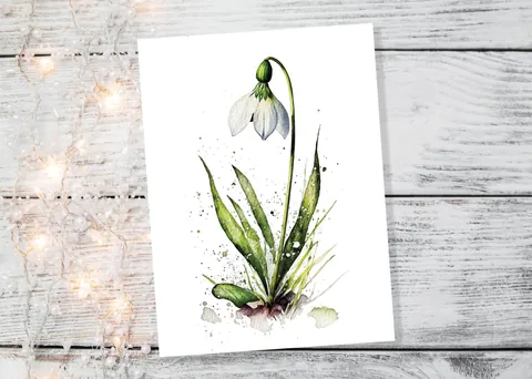 Watercolour Snowdrop Card Imbolc New Beginning Sympathy Greeting Cards Spring Botanical Nature January Birth Flower Gardener Floral Birthday - View 2