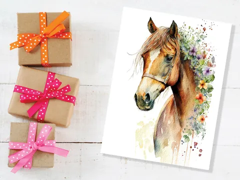 Watercolour Horse With Flowers Card - View 4