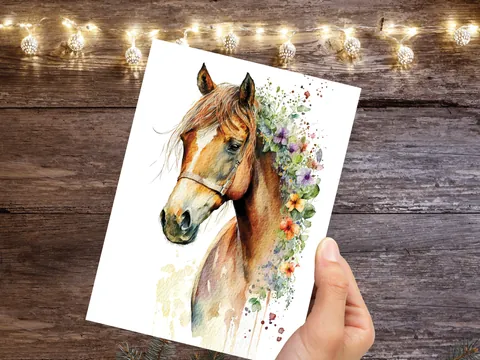Watercolour Horse With Flowers Card