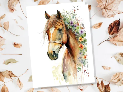 Watercolour Horse With Flowers Card - View 5